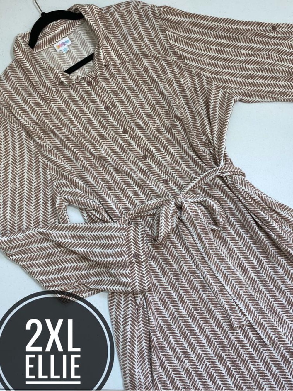 LuLaRoe Ellie Brown & White Chevron Long Sleeve Shirt Dress with Tie